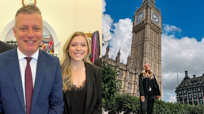 Two photos. Payton Perry posing in front of Big Ben and Perry posing with Luke Pollard